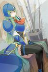  armor between_thighs black_legwear blue_armor fire_emblem fire_emblem:_akatsuki_no_megami green_eyes green_hair helmet legs long_hair nephenee polearm shiina_maru solo spear thighhighs v_arms weapon 