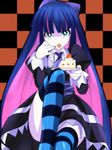  :o bow cake dress fingernails food fruit green_eyes hair_bow icing long_hair mtu_(orewamuzituda) multicolored_hair nail_polish open_mouth panty_&amp;_stocking_with_garterbelt plate purple_nails sitting solo stocking_(psg) strawberry striped striped_legwear thighhighs two-tone_hair zettai_ryouiki 