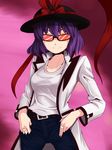  alternate_costume bad_id bad_pixiv_id belt contemporary hat highres nagae_iku opagi purple_hair short_hair solo sunglasses touhou 