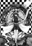  black_sclera checkered checkered_background graphite_(medium) greyscale hane_(azelye) hat monochrome scroll shiki_eiki skirt skull solo touhou traditional_media 