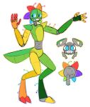 animatronic antennae_(anatomy) anthro arthropod asymmetrical_coloring blue_eyes caloxya endoskeleton face_plate fan_character five_nights_at_freddy&#039;s five_nights_at_freddy&#039;s:_security_breach flower_(anatomy) grasshopper green_legs grin hi_res insect machine male mandibles metal_plates orange_legs orthopterid outline petals plating robot scottgames sister_location smile solo steel_wool_studios