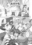  60s 70s between_breasts blush breast_press breasts choukou_senki_kikaiou comic greyscale huge_breasts junpei_todoroki kei_(kikaiou) long_hair monochrome moukin_punch multiple_girls oldschool pollin saori_(kikaiou) short_hair translation_request twintails 