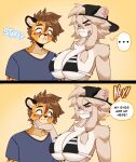 angry anthro arm_tuft baseball_cap big_breasts bikini bikini_top breasts cheek_tuft cheetah chest_tuft clenched_teeth clothing dialogue duo facial_tuft felid feline female frankie_(extremedash) ghastlyfish_(artist) hand_under_chin hat headgear headwear hi_res inner_ear_fluff lion looking_at_another looking_at_breasts male male/female mammal markings pantherine purple_eyes red_eyes shirt shoulder_tuft simple_background spots spotted_markings swimwear t-shirt teeth text topwear tuft two-piece_swimsuit zachariah_(velocitycat)