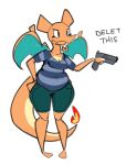 2019 aimbot-jones anthro barefoot blue_wings bottomwear breasts charizard cleavage clothed clothing delet_this dragon english_text feet female generation_1_pokemon gun hand_on_hip handgun holding_gun holding_object holding_ranged_weapon holding_weapon meme mythological_creature mythological_scalie mythology nintendo orange_body orange_skin pants pattern_clothing pistol pokemon pokemon_(species) ranged_weapon scalie shirt shorts simple_background slightly_chubby slightly_chubby_anthro slightly_chubby_female solo standing striped_clothing stripes tail text topwear valentina_(aimbot-jones) weapon white_background wings