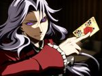  andu-ril card holding holding_card kaitou_queen male_focus purple_eyes queen_(kaitou_queen) solo white_hair 