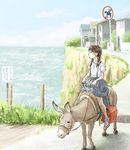  backpack bag braid brown_hair cliff donkey original randoseru riding road_sign saddle school_uniform sign skirt solo suspenders tnt_(aaaazzzz) twintails 