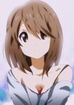  bare_shoulders between_breasts breasts brown_eyes brown_hair cleavage food fruit hirasawa_yui k-on! listen!! off_shoulder sexually_suggestive short_hair small_breasts smile solo strap_slip strawberry yamasaki_wataru 