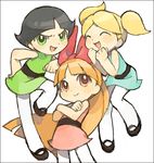  black_hair blonde_hair blossom_(ppg) bubbles_(ppg) buttercup_(ppg) closed_eyes green_eyes multiple_girls oekaki orange_eyes orange_hair pantyhose poo_(donkan_gokko) powerpuff_girls white_legwear 