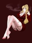  akabi_(alaburu) balalaika_(black_lagoon) barefoot black_lagoon black_panties blonde_hair blue_eyes breasts business_suit cigar cleavage feet formal full_body large_breasts legs long_hair mole mole_under_eye nail_polish no_legwear panties red_nails scar simple_background sitting smoke smoking solo suit underwear 