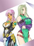  ariel_org breasts choker cleavage crossed_arms crossover dark_skin green_eyes green_hair hair_ornament hair_over_one_eye jewelry lamia_loveless large_breasts multiple_girls necklace purple_eyes purple_hair ralsaz real_robot_regiment super_robot_wars super_robot_wars_advance v_arms 