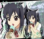  amage_kanade animal_ears bad_id bad_pixiv_id black_hair brown_eyes cat_ears food ice_cream k-on! licking long_hair nakano_azusa neck_ribbon red_ribbon ribbon school_uniform solo twintails zoom_layer 