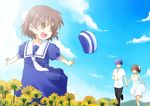  2girls :d blue_eyes blue_hair brown_eyes brown_hair clannad day dress flower furukawa_nagisa hat hat_removed headwear_removed husband_and_wife mochizuki_mina multiple_girls okazaki_tomoya okazaki_ushio open_mouth sky smile 