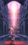  architecture boots church gloves gothic_architecture indoors long_hair looking_up medieval megurine_luka petals pink_hair raicho solo sword vocaloid weapon 