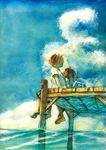  androgynous bad_id bad_pixiv_id bag barefoot black_hair blue blue_eyes blue_sky brown_hair caustics child cloud crossed_ankles day facing_away feet foot_dangle from_below from_side highres looking_afar looking_up multiple_girls natsuki_(sunmanday) ocean outdoors pier pixiv_festa shirt short_hair short_sleeves sitting sky smile t-shirt traditional_media water watercolor_(medium) white_shirt 