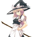  apron bamboo_broom blonde_hair braid broom buttons grin hand_on_hip hat kirisame_marisa short_sleeves side_braid smile solo taisa_(loudist) touhou transparent_background waist_apron witch_hat 