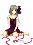  bad_id bad_pixiv_id barefoot dress flower green_hair long_hair original red_eyes red_ribbon ribbon sitting solo strap_slip wariza yuzuki_kihiro 