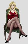  akabi_(alaburu) balalaika_(black_lagoon) black_lagoon blonde_hair blue_eyes breasts business_suit cleavage crossed_legs formal full_body grin high_heels large_breasts legs lips long_hair mole mole_under_eye pantyhose scar shoes simple_background sitting smile solo suit 