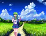  alternate_costume cellphone food green_eyes green_hair jpeg_artifacts kochiya_sanae nature phone popsicle scenery school_uniform serafuku solo summer touhou walking windtalker 