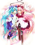  apron aqua_hair blue_eyes boots bow dress hair_bow haru_aki hatsune_miku highres holding_hands knee_boots legs long_hair lying megurine_luka multiple_girls pantyhose pink_hair striped striped_legwear stuffed_animal stuffed_bunny stuffed_toy thighhighs twintails very_long_hair vocaloid 