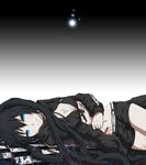  bad_id bad_pixiv_id bikini_top black_hair black_rock_shooter black_rock_shooter_(character) blood blue_eyes injury jacket long_hair lying midriff navel on_side pale_skin scar shoowarke smile solo star twintails 