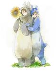  1girl animal_costume arm_hug axis_powers_hetalia bad_id bad_pixiv_id belarus_(hetalia) blue_eyes couple flower hetero long_hair russia_(hetalia) ryvlab sunflower tonari_no_totoro totoro 