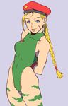  artist_request beret blonde_hair blue_eyes braid cammy_white green_leotard hat leotard long_hair scar solo street_fighter 