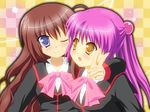  a-chan_senpai bad_id bad_pixiv_id blue_eyes bow brown_hair futaki_kanata highres hoshino_sora little_busters! long_hair multiple_girls pink_bow purple_hair school_uniform v yellow_eyes 