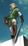  blonde_hair blue_eyes earrings gloves holding holding_sword holding_weapon iqo jewelry left-handed link male_focus master_sword pointy_ears realistic shield solo sword the_legend_of_zelda weapon 
