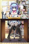  akaza blue_hair blush book breasts chair cleavage desk feet garter_straps green_eyes hair_ornament large_breasts legs open_mouth ore_wa_shoujo_mangaka solo thighhighs 