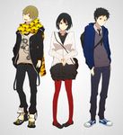  2boys black_hair blonde_hair blue_eyes blue_nails bob_cut breasts casual durarara!! fashion head_tilt highres kida_masaomi medium_breasts multiple_boys nail_polish necktie pantyhose pigeon-toed red_eyes red_legwear red_nails ryuugamine_mikado short_hair sonohara_anri tsuyuxxx yellow_eyes yellow_nails 