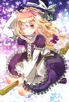  bad_id bad_pixiv_id blonde_hair broom broom_riding colored_eyelashes eyelashes hand_on_headwear hand_up hat jaku_sono kirisame_marisa looking_at_viewer one_eye_closed smile solo touhou witch witch_hat 
