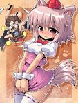  animal_ears black_wings brown_eyes brown_hair camera hat inubashiri_momiji kurogarasu multiple_girls shameimaru_aya short_hair tail thighhighs tokin_hat touhou waitress wings wolf_ears wolf_tail 