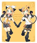  1girl animal_ears aqua_eyes blonde_hair brother_and_sister cat_ears cat_tail detached_sleeves fang gloves hair_ornament hair_ribbon hairclip headphones headset highres holding_hands kagamine_len kagamine_rin mashiron paw_gloves paws ribbon short_hair siblings smile tail twins vocaloid 