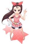  bad_id bad_pixiv_id bare_shoulders belt bike_shorts bow brown_hair bunny forehead hair_bow highres idolmaster idolmaster_(classic) jewelry long_hair minase_iori pointing pointing_up red_eyes ring sandals shachi_kamaboko smile solo star stuffed_animal stuffed_bunny stuffed_toy 
