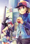  1girl baseball_cap blue_eyes brown_eyes brown_hair denim denim_shorts gen_1_pokemon gen_4_pokemon hat holding holding_poke_ball jacket jigglypuff long_hair mantyke pikachu poke_ball pokemon pokemon_(creature) pokemon_(game) pokemon_bw ponytail shorts tomone touko_(pokemon) touya_(pokemon) wristband 