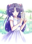  blue_hair card clannad dress hair_bobbles hair_ornament highres holding holding_card ichinose_kotomi long_hair purple_eyes raito_(010415) solo two_side_up 