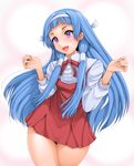  blue_hair curvy hair_tubes headband kannagi kano_(kanograph) legs long_hair nagi open_mouth pleated_skirt purple_eyes skirt smile solo tongue wide_hips 