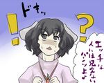  1girl animal_ears black_eyes black_hair blush bunny_ears eyebrows eyebrows_visible_through_hair gozaemon inaba_tewi jewelry necklace solo sweatdrop touhou translated 