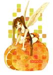  arancia bad_id bad_pixiv_id barefoot brown_hair food fruit gou_(tomero) long_hair midriff miniskirt orange orange_skirt original skirt solo twintails very_long_hair wings yellow_eyes 