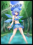  bad_id bad_pixiv_id bare_shoulders bikini blue_eyes blue_hair bow breasts character_name cirno cleavage food forest fruit hair_bow holding holding_food holding_fruit kou512a nature navel river short_hair small_breasts solo swimsuit touhou wading water watermelon wings wristband 