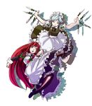  alternate_costume braid enmaided hong_meiling izayoi_sakuya long_hair maid maid_headdress miero multiple_girls red_hair short_hair silver_hair touhou twin_braids 