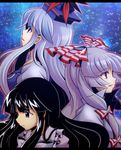  black_eyes black_hair fujiwara_no_mokou houraisan_kaguya kamishirasawa_keine letterboxed multiple_girls profile qontamblue red_eyes touhou 