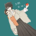  1girl aharan apple bad_id bad_pixiv_id black_hair brown_hair food fruit glasses holding holding_food holding_fruit hug hug_from_behind itoshiki_nozomu sayonara_zetsubou_sensei short_hair shosei teacher translated tsunetsuki_matoi 