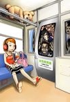  bad_id bad_pixiv_id bag crowded door drink handbag headphones kousaku magazine original red_hair sandals short_hair sitting stuffed_animal stuffed_toy teddy_bear train_interior 