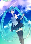  aqua_eyes aqua_hair bad_id bad_pixiv_id balloon blush cloud day detached_sleeves hatsune_miku long_hair necktie skirt sky smile solo thighhighs twintails very_long_hair vocaloid watazaki_(mushipan) 