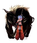  arm_up blue_hair cait elbow_gloves fur gloves hairband horns jewelry kirin_(armor) midriff monster monster_hunter navel necklace rajang ready_to_draw red_eyes short_hair signature simple_background solo standing tail weapon 