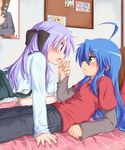  ahoge bed blue_eyes blue_hair blush cameo casual commentary_request eye_contact green_eyes hiiragi_kagami hiiragi_tsukasa hirasawa_yui holding_hands izumi_konata k-on! kotobuki_tsumugi long_hair long_sleeves looking_at_another lucky_star lying mole mole_under_eye multiple_girls open_mouth pants photo_(object) purple_hair ryuunosuke_(luckyneco) short_over_long_sleeves short_sleeves takara_miyuki twintails yuri 