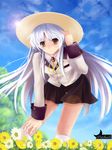  angel_beats! bad_id bad_pixiv_id bent_over blazer blue_sky day from_below hand_on_own_knee hat jacket lens_flare long_hair patchouli school_uniform sky solo tenshi_(angel_beats!) white_hair yellow_eyes 