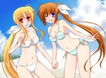  bandeau beach bikini blonde_hair blue_eyes blush breasts brown_hair cleavage cloud day fate_testarossa friends frilled_bikini frills hachikei holding_hands long_hair lyrical_nanoha mahou_senki_lyrical_nanoha_force mahou_shoujo_lyrical_nanoha_strikers mahou_shoujo_lyrical_nanoha_vivid medium_breasts multiple_girls older outdoors ponytail red_eyes side-tie_bikini side_ponytail sky smile strapless striped striped_bikini striped_swimsuit swimsuit takamachi_nanoha tubetop very_long_hair wife_and_wife yuri 