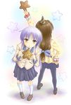  angel_beats! back-to-back blazer blue_hair brown_hair clannad company_connection crossover from_above hat hikarizaka_private_high_school_uniform ibuki_fuuko jacket key_(company) long_hair multiple_girls pantyhose party_hat school_uniform sorapuka starfish tenshi_(angel_beats!) yellow_eyes 